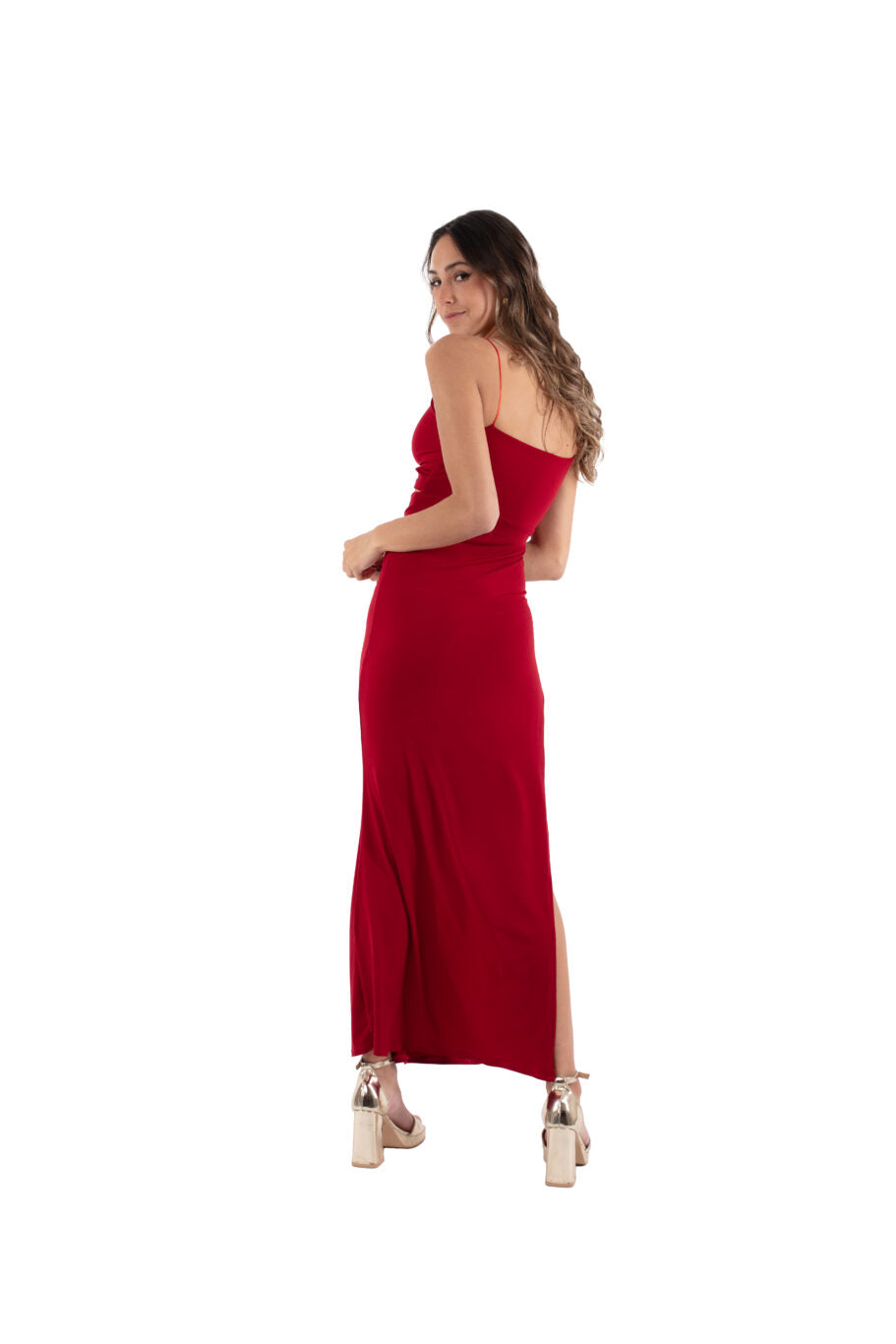 Arriendo de Vestido rojo cut out adelante con pabilos y escote cruzado adelante