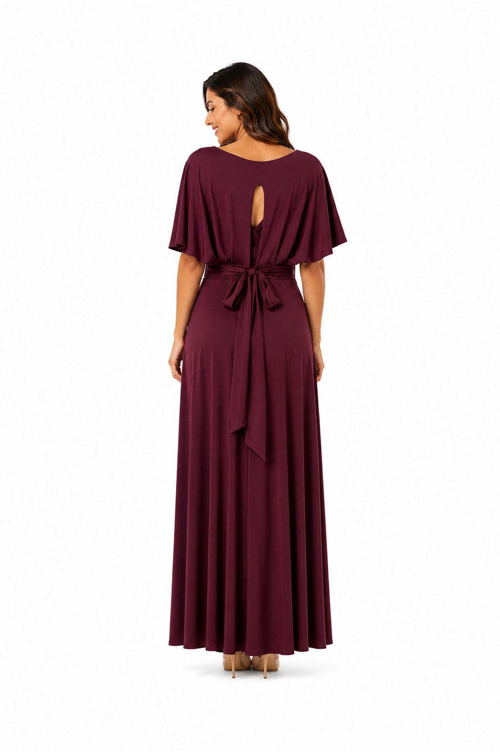 arriendo de vestido largo burdeo con mangas lycra brillante