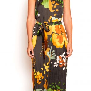 Vestido midi floreado verde oliva mostaza
