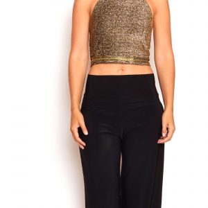 Conjunto top dorado amarre espalda y pantalón negro