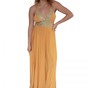 Arriendo de Vestido mostaza con brillos en escote y cintura