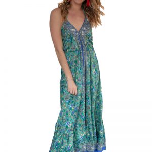 Arriendo de Vestido largo celeste con flores esplada abierta