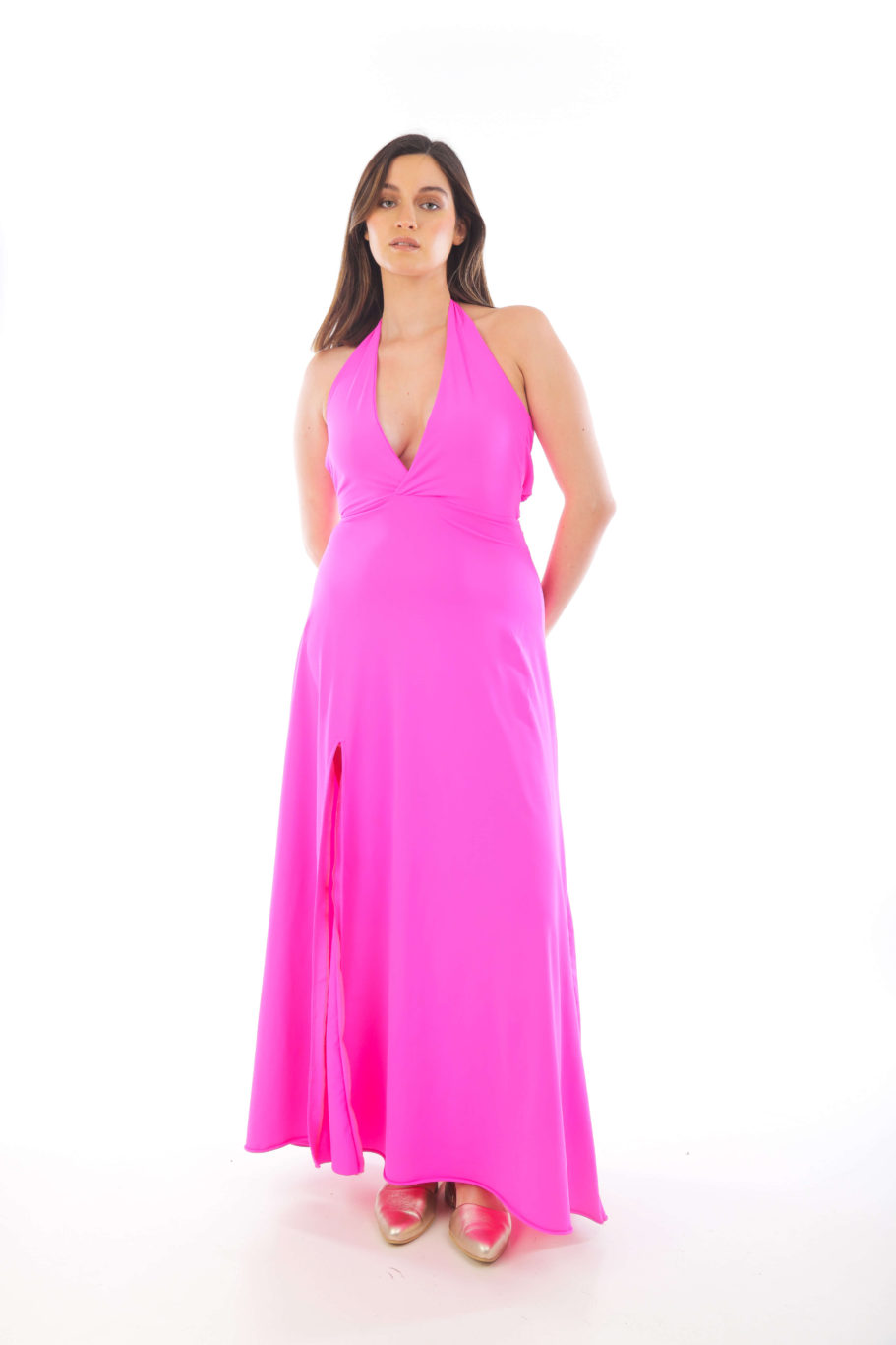 Vestido plisado de falda doble con tirantes y lazo Fucsia