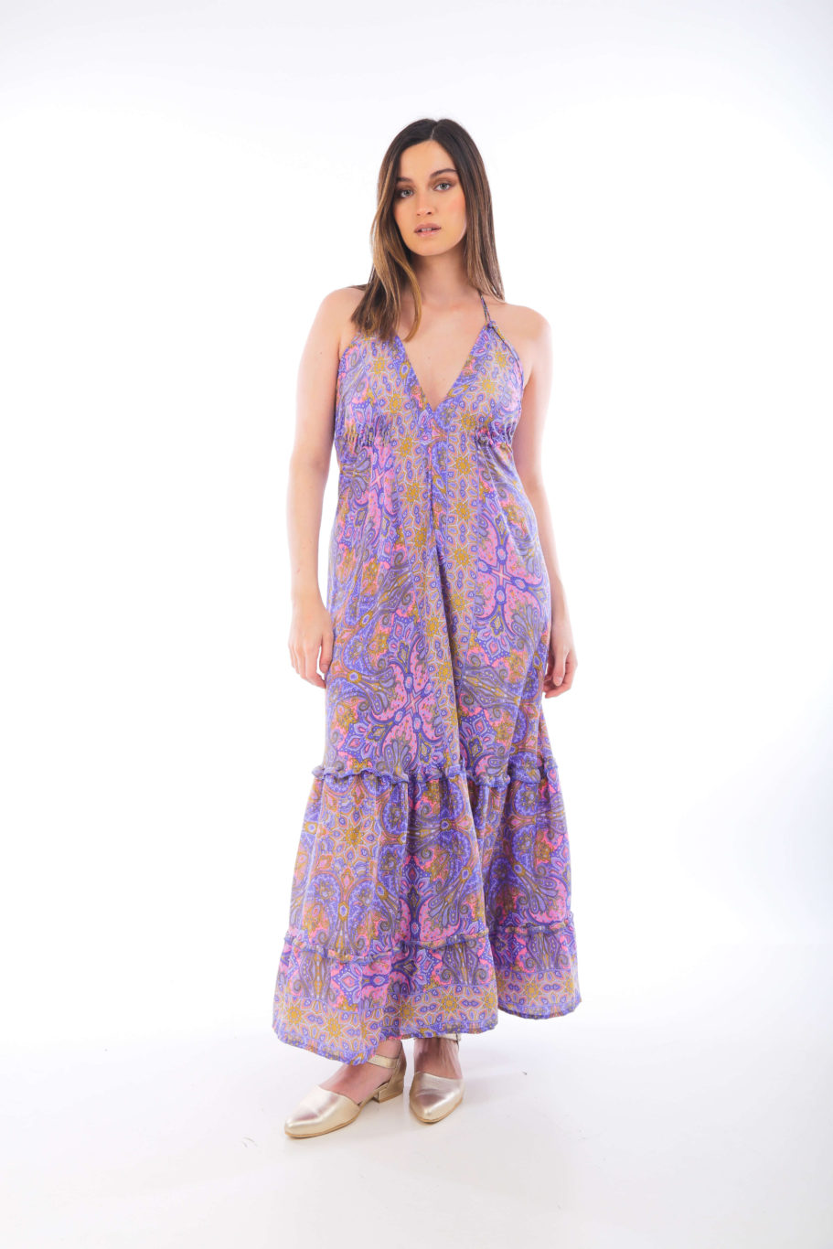 Vestidos largos de chiffon con tirantes de encaje y lazo de cinturón Lila
